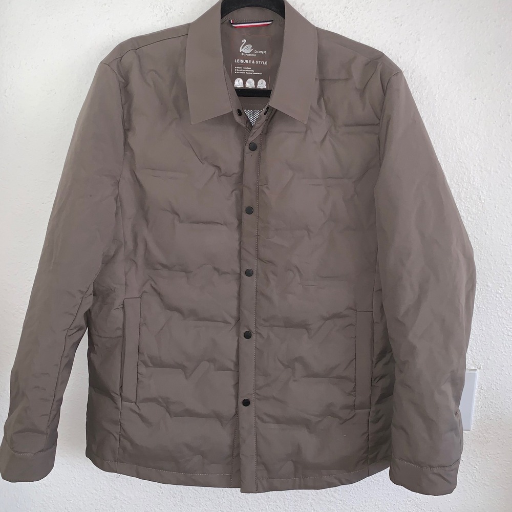 Swan Superior Mens XL Taupe Brown Down Filled Quilted Puffer Shirt Jacket Coat